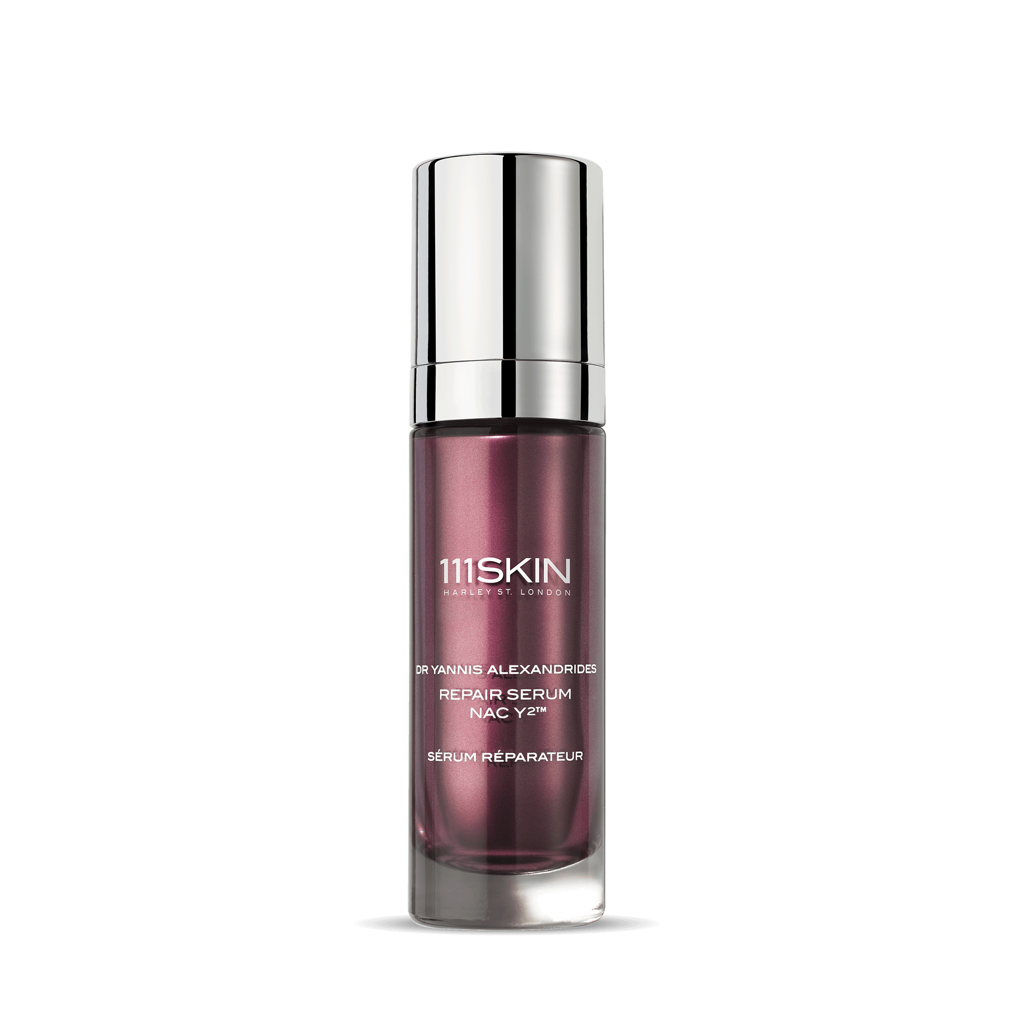 111SKIN Serum in a purple glass bottle