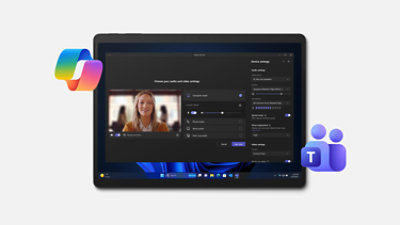 A person adjusts their camera and microphone settings before joining a Teams call, surrounded by the Copilot and Teams logo, suggesting how AI power can be used in Teams.