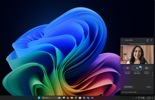 Ekran pulpitu z oknem opcji efektów kamery wyskakującym w prawym dolnym rogu.