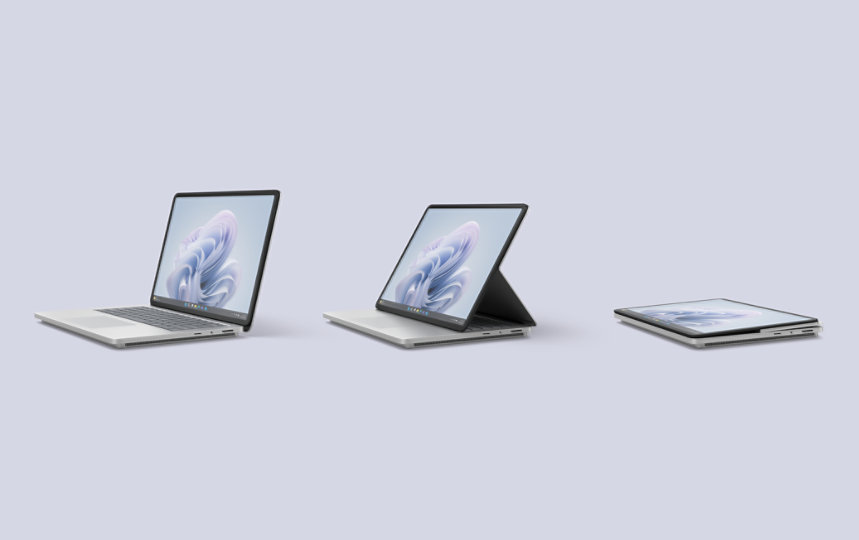 Un Surface Laptop Studio 2 pour les entreprises en mode portable, un Surface Laptop Studio 2 pour les entreprises en mode scène et un Surface Laptop Studio 2 pour les entreprises en mode studio. 