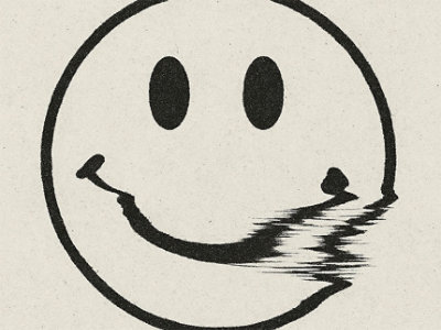 Black and white smiley face with oval eyes and a curved mouth, partially distorted on the right side with horizontal glitch-like lines suggesting digital corruption