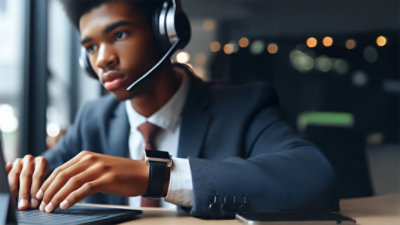 A man on a video call with a black laptop sitting at a desk