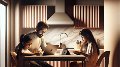 An image of an adult male, a female child, and a female teenager at a kitchen table using a Surface Laptop, 7ᵗʰ Edition and a Surface Pro, 11ᵗʰ Edition