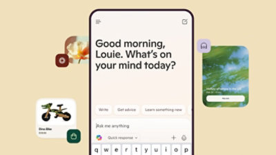 A mobile screen showing the Copilot app with images and Copilot feature icons surrounding it