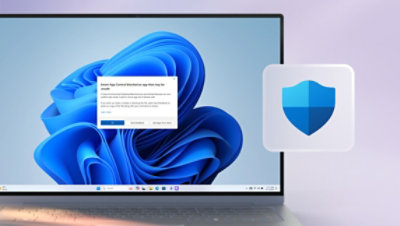 A Smart App Control notification on an open laptop with a blue bloom screen on a light purple background