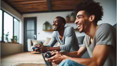 Two gamers on a couch laughing and playing video games