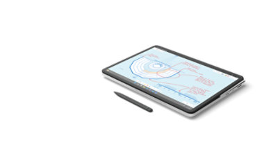 Surface Laptop Studio 2 in stage mode with Surface Slim Pen 2 placed near the base