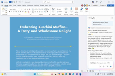 Word document opened to article about Zuchhini Muffins. Copilot panel opened on right side bar with suggestions about how to write social posts for zucchini muffins.