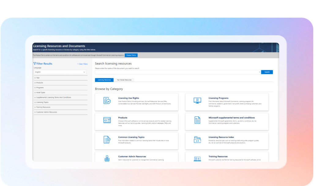 Licensing docs website interface