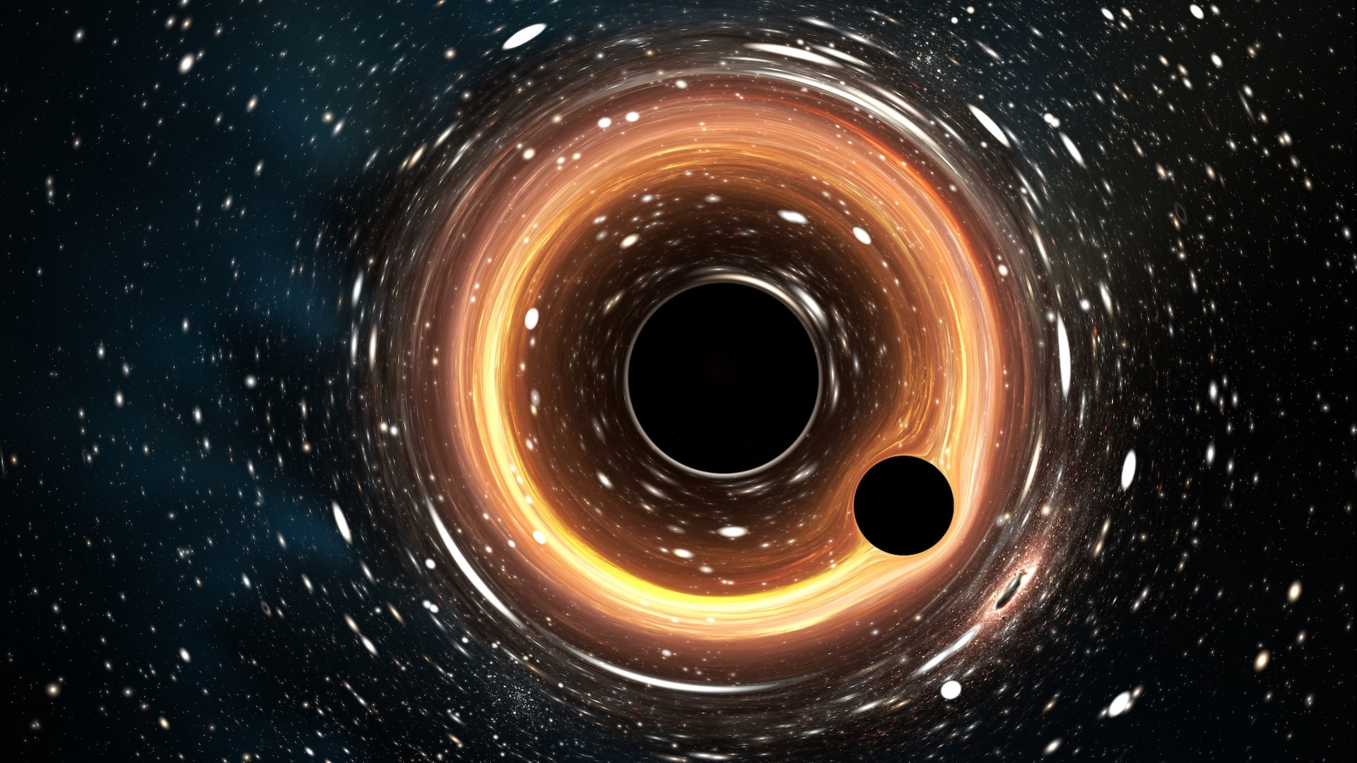 an illustration of a small black hole orbiting around a supermassive black hole exhibiting a gravitational lensing effect