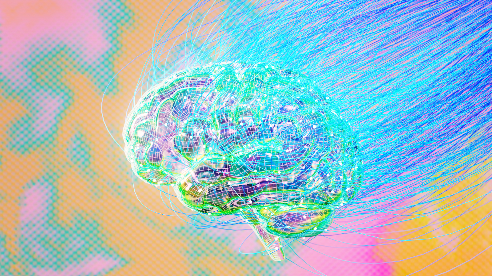 Digitally generated image of glass brain connected with neon cable. 