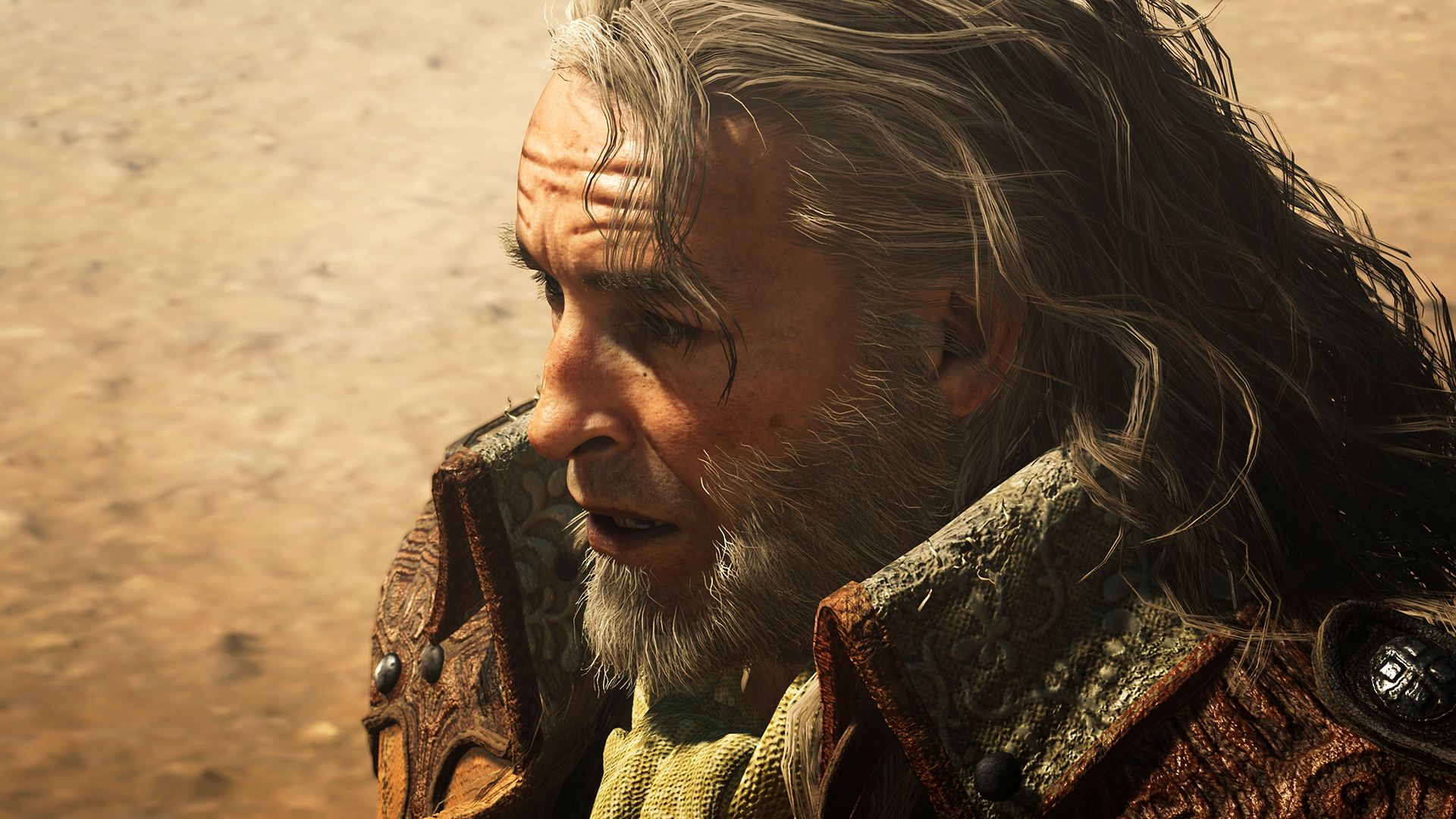A man with long grey hair looking to the left in front of sand in Monster Hunter Wilds