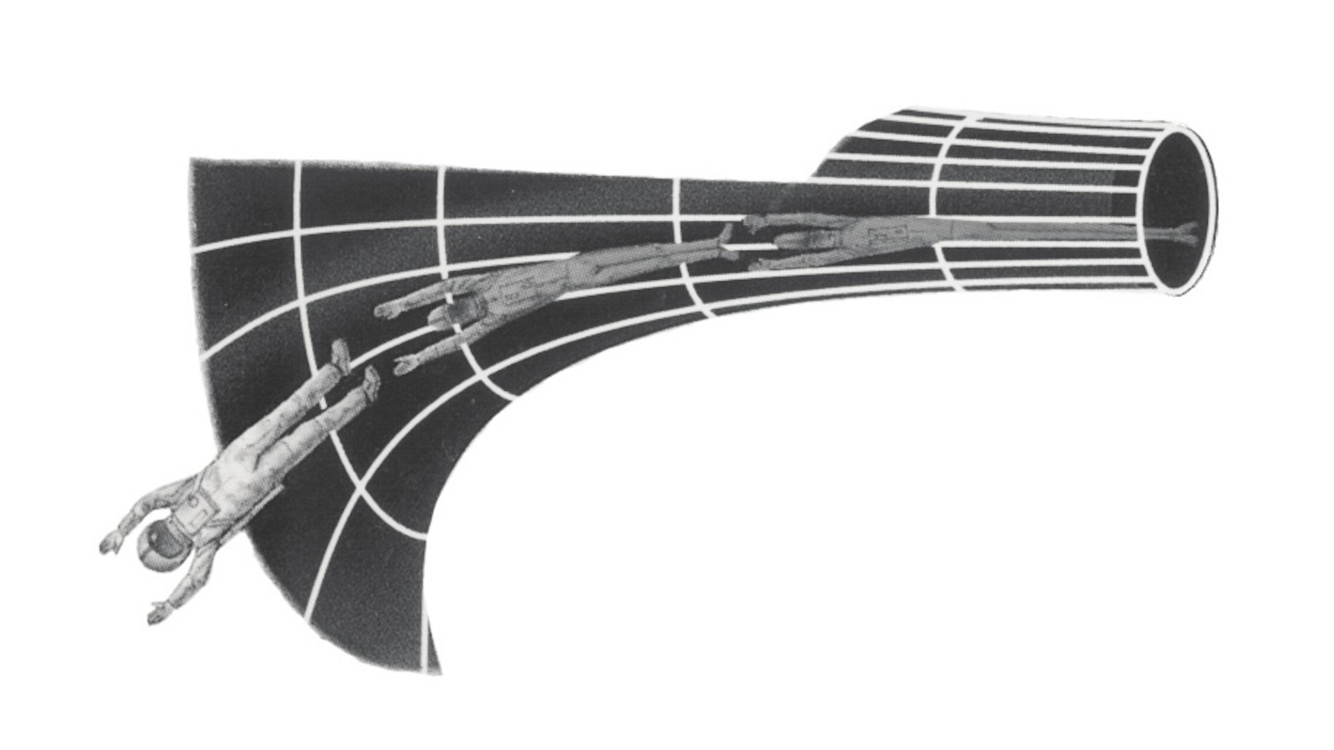 An illustration showing an astronaut being stretched head to toe as they fall in a black hole