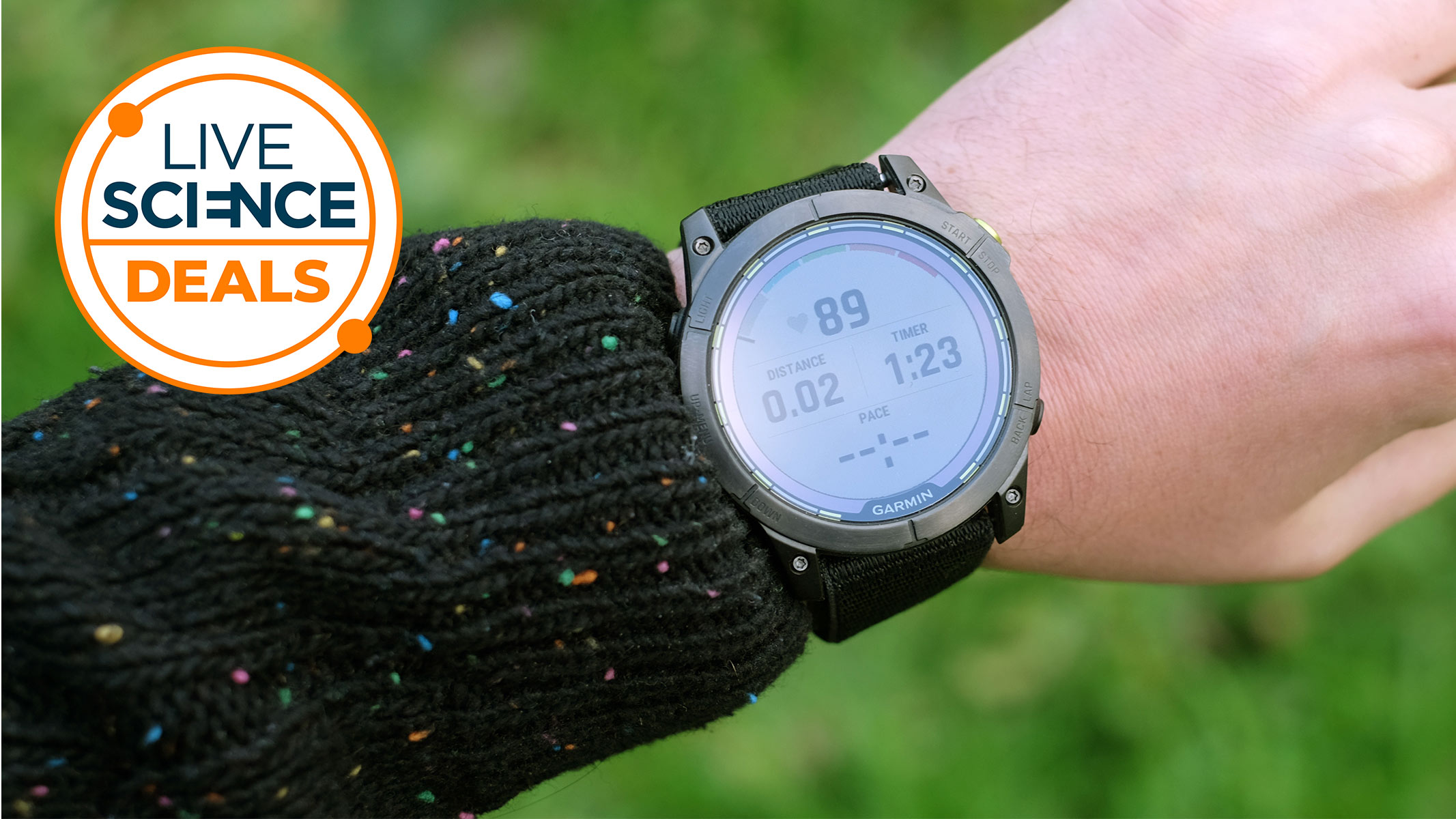 A Live Science Deals logo and a picture of our reviewer testing the Garmin Enduro 2