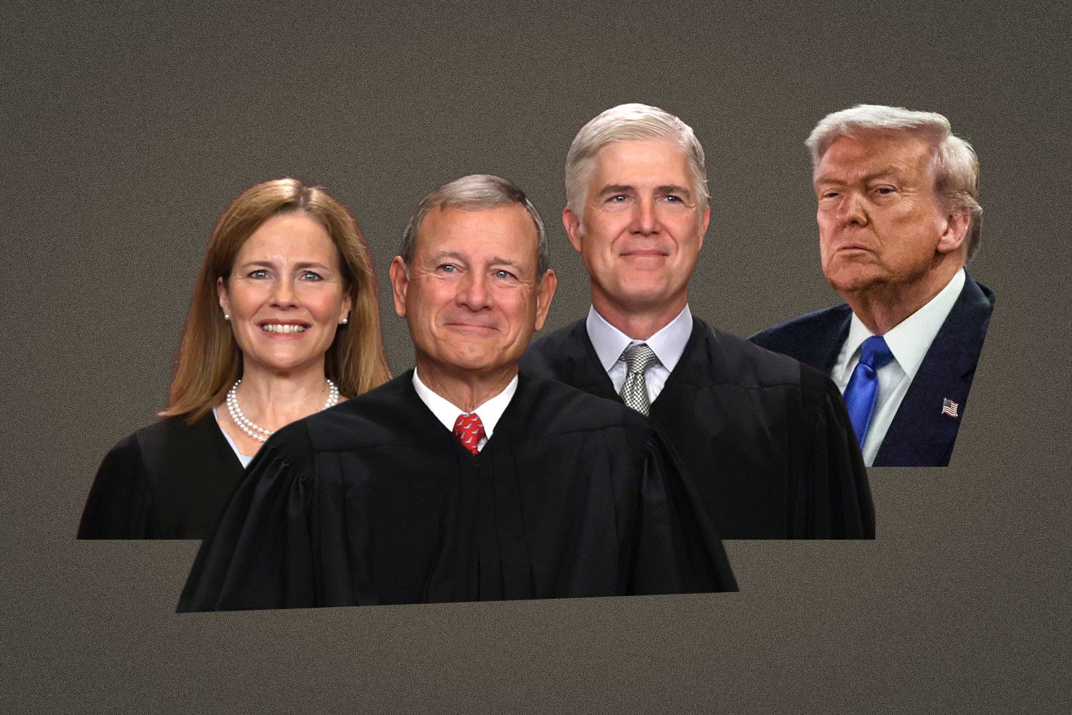 Trump behind Barrett, Gorsuch, and Roberts, smiling.