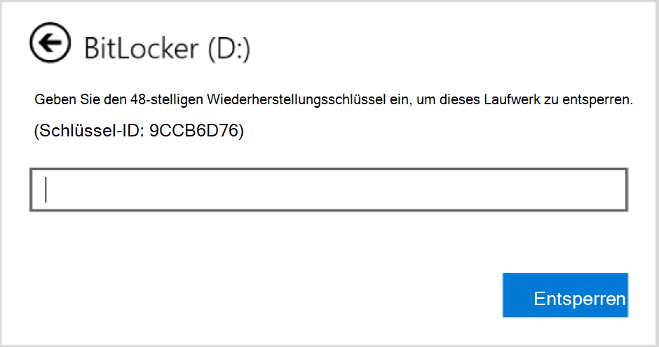 Screenshot des Dialogfelds zum Eingeben der BitLocker-Wiederherstellung für ein Datenlaufwerk.