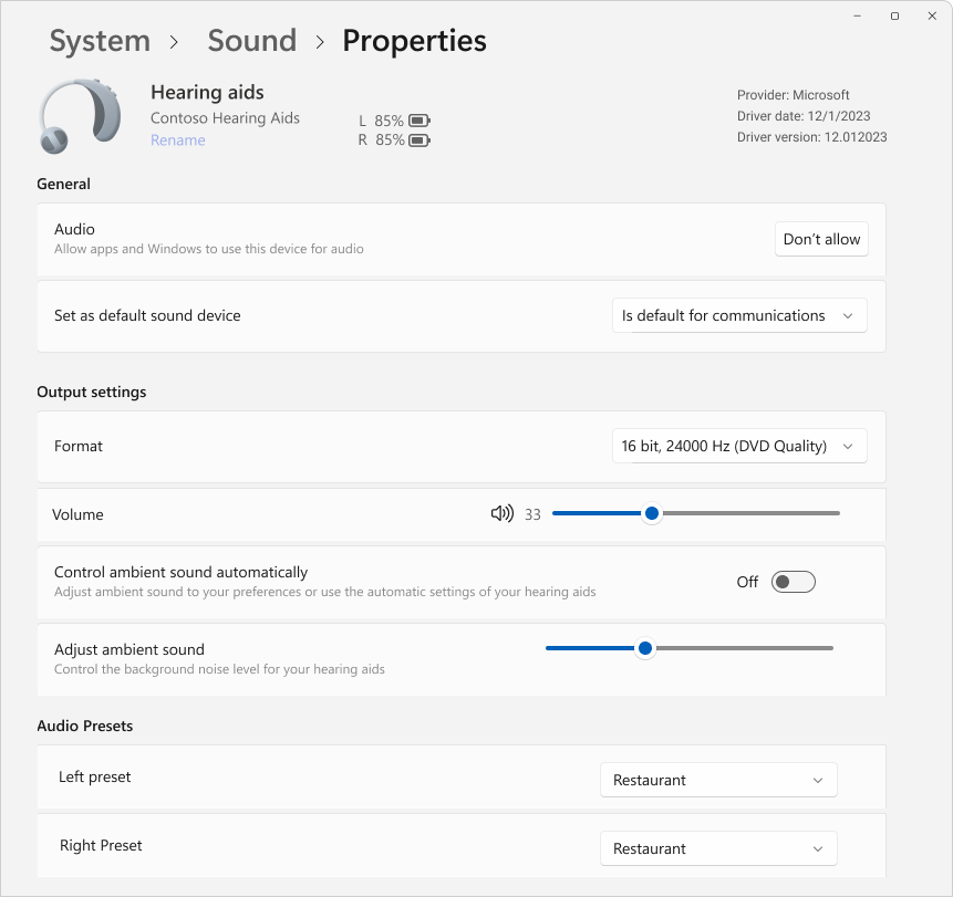 Capture d’écran de Paramètres > Système > Son > Propriétés illustrant certaines options disponibles pour configurer un appareil d’aide auditive.