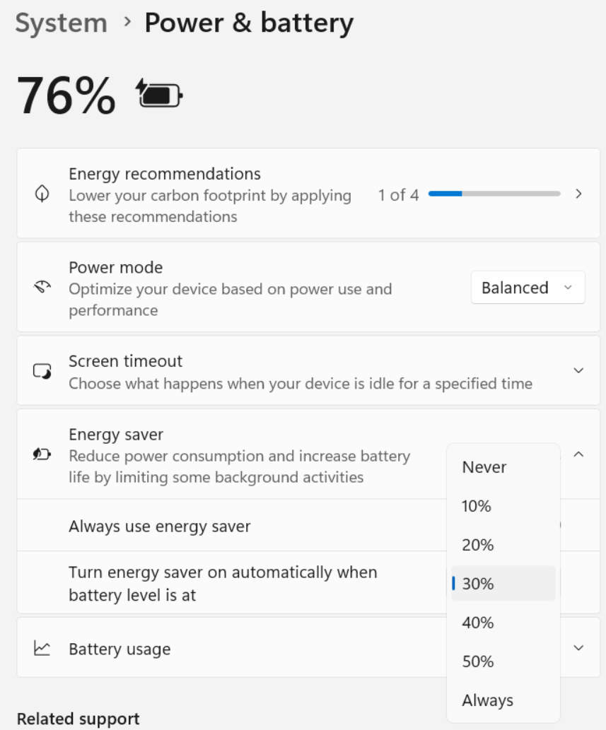 Capture d’écran de Paramètres > Système > Alimentation et batterie > Économiseur d’énergie