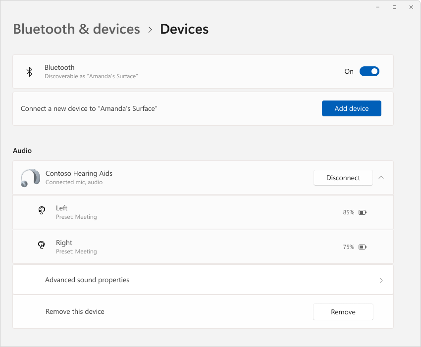 Capture d’écran de Paramètres > Bluetooth et appareils illustrant les détails des aides auditives.