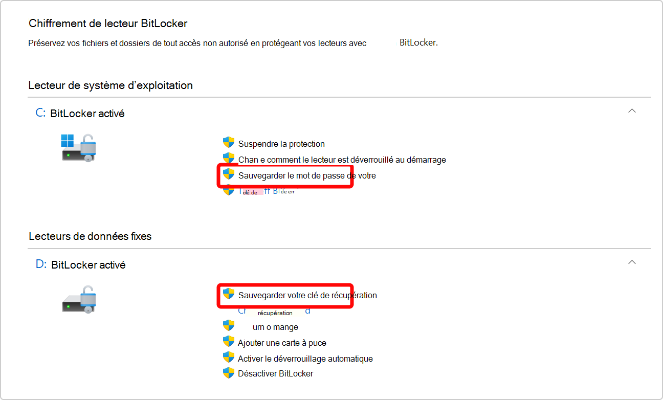 Capture d’écran du Panneau de configuration montrant l’option permettant de sauvegarder la clé de récupération BitLocker pour le lecteur de système d’exploitation et un lecteur de données.