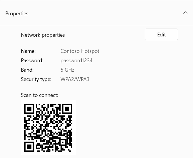 Captura de tela de um código QR usado para se conectar a um dispositivo Windows atuando como um hotspot.