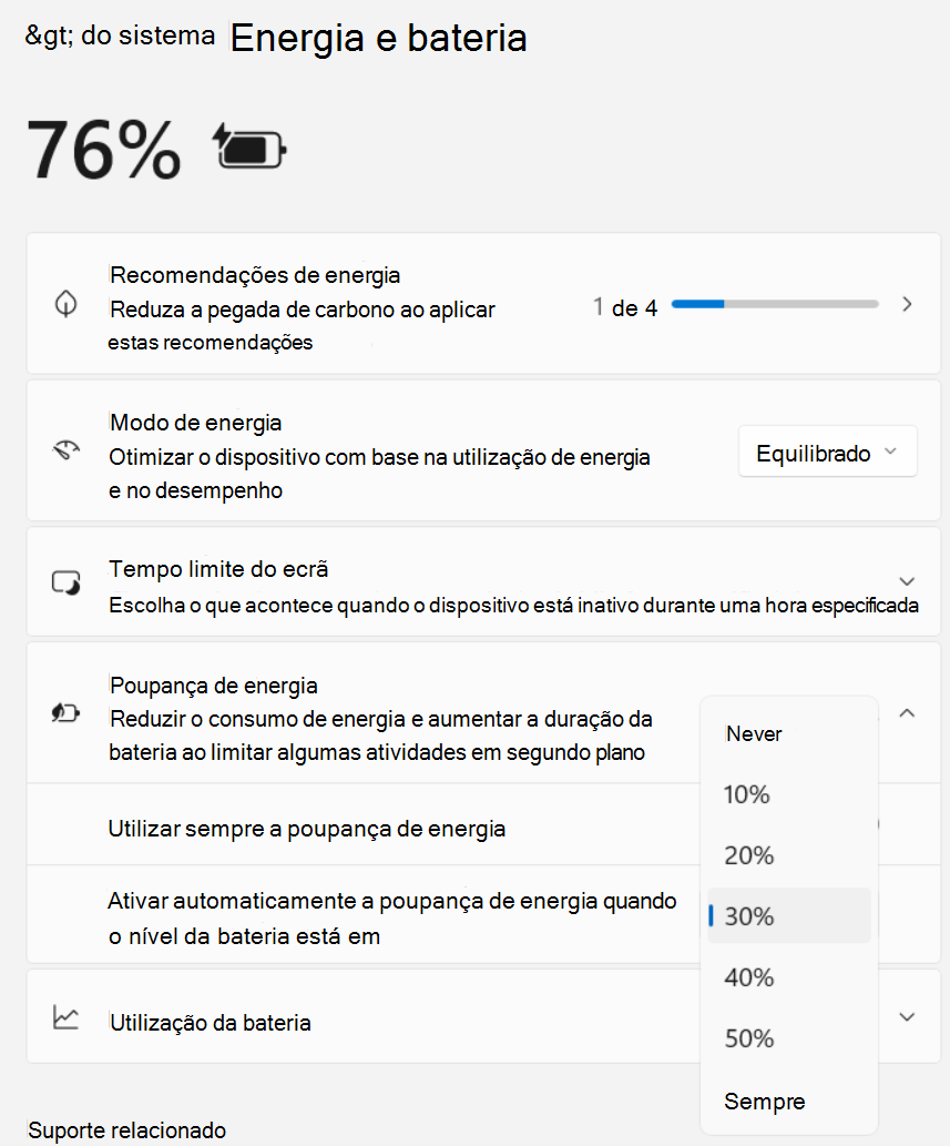 Captura de tela de Configurações > Sistema > Energia e Bateria > Economia de Energia