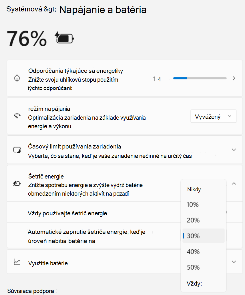 Snímka obrazovky časti Nastavenia > Systém > Napájanie a batéria > Šetrič energie