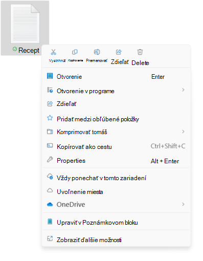 Snímka obrazovky s kontextovou ponukou súboru zobrazujúca nové možnosti vystrihnutia/kopírovania/premenovania/zdieľania/odstránenia.