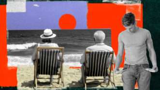 Illustration of a young man with his pockets turned out while an elderly couple relaxes on a beach | Illustration: Eddie Marshall | Ambro10 | Dreamstime.com| Midjourney