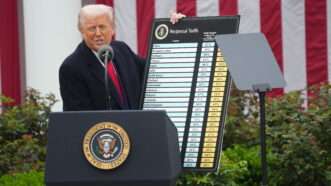 President Donald Trump holds up the chart of "reciprocal" tariffs he pledged to impose on other nations, during an event in the Rose Garden. | CNP/AdMedia/Newscom