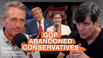 Former senator Jeff Flake sits on the left and journalist Nick Gillespie on the right, each speaking into microphones. Between them, a background image shows Donald Trump and Kari Lake at a campaign rally. Bold orange text across the center reads “GOP ABANDONED CONSERVATIVES.” | Illustration: Eddie Marshall