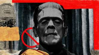 Frankenstein's monster against a multi-colored background that includes a red censor symbol | Illustration: Eddie Marshall | pixabay | Midjourney