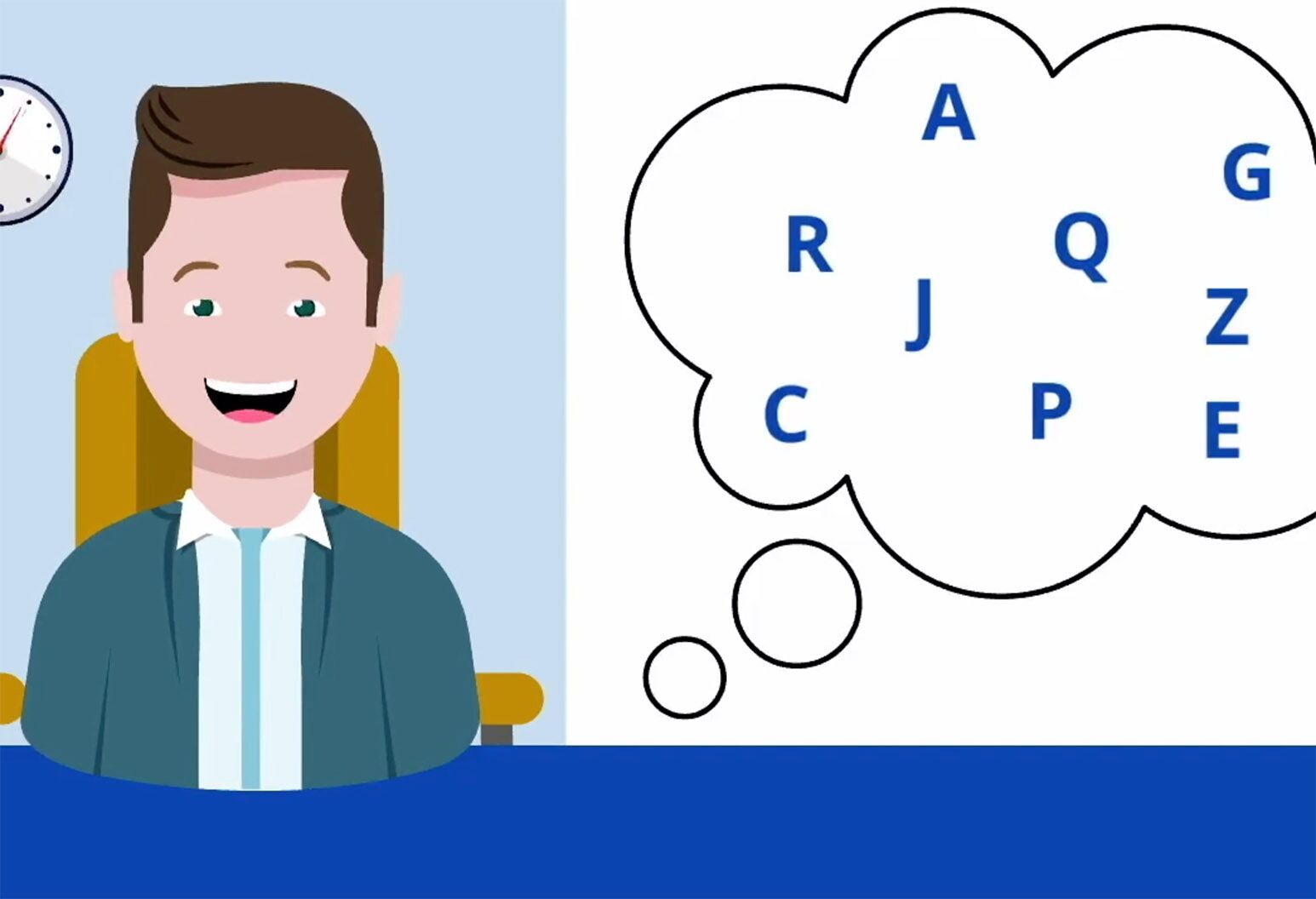 Animated image of a man with a though bubble that shows a random floating letters.