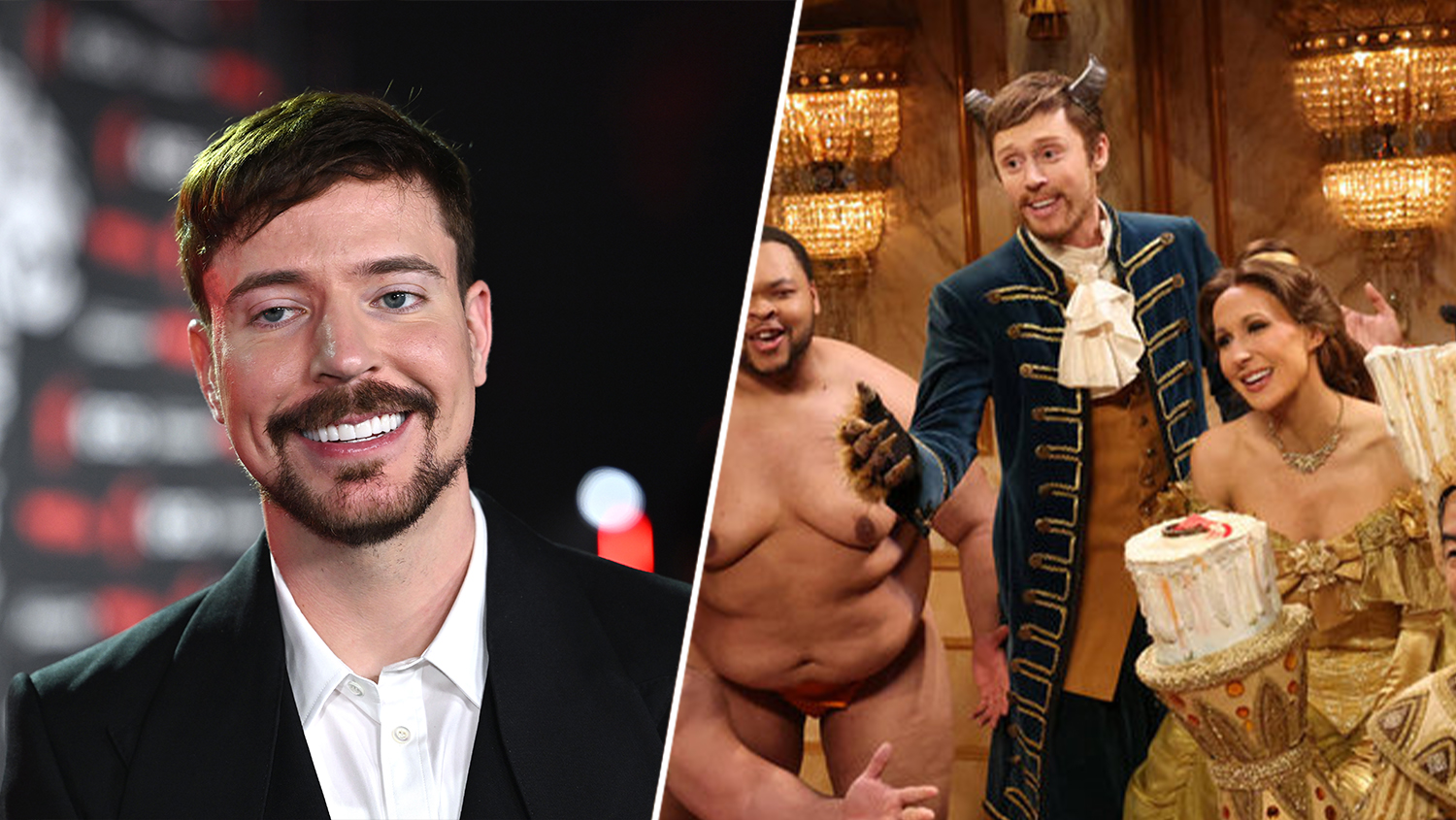 (L-R) MrBeast; Ben Marshall and Nikki Glaser as Beast and Belle from 'Beauty & the Beast' on 'Saturday Night Live'