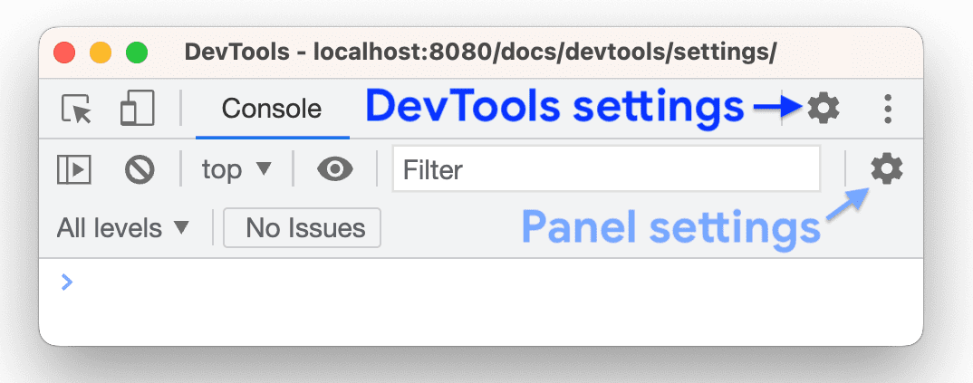 顶部操作栏中的常规 DevTools 设置，以及面板操作栏中的面板设置。