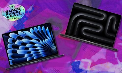 two macbook laptops sit on a busy blue and purple background that says black friday