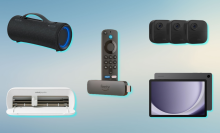Sony SRS-XG300 speaker, Cricut Joy, Samsung Galaxy Tab A9+, Fire TV Stick 4K, and Blink Outdoor 4 cameras with blue gradient background
