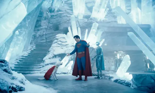 Superman and Krypto hang out in the Fortress of Solitude. 