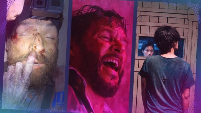 A man's head with a finger going up his nose, a man's head with an open mouth, a person standing with their back to camera, looking at people behind a large wall.