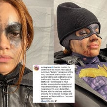 A woman in a superhero costume looks at the camera in a photo on the left; on the right, she sits in a chair looking off to the right.