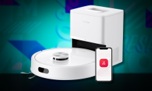 A Roborock Q7 M5+ robot vacuum on colorful background