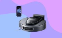 The 3i G10+ robot vacuum cleaner against a purple, pink, and blue background.