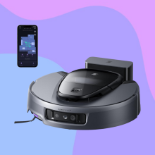 The 3i G10+ robot vacuum cleaner against a purple, pink, and blue background.