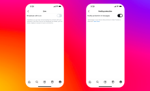 Two phone screens showing the settings pages for turning off broadcast restrictions and turning on nudity protection.