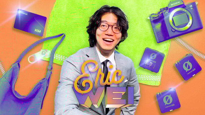 eric wei surrounded by a bag, karat credit card, rode mics, and sony camera