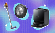 Dyson V12 Detect Slim, iRobot Roomba j7, and Roborock Saros 10R robot vacuums on blue shapes and purple backdrop