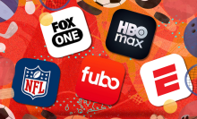 ESPN, Fox One, Fubo, HBO Max logos with red background and sports icon frame