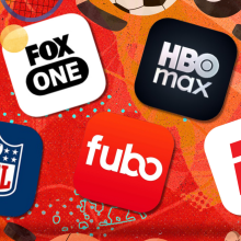ESPN, Fox One, Fubo, HBO Max logos with red background and sports icon frame