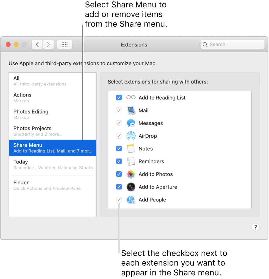 The Extensions pane of System Preferences, showing Share Menu selected and a list of third-party extensions on the right.