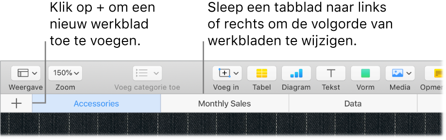 Een Numbers-venster waarin je ziet hoe je een nieuw werkblad toevoegt en hoe je de volgorde van werkbladen wijzigt.